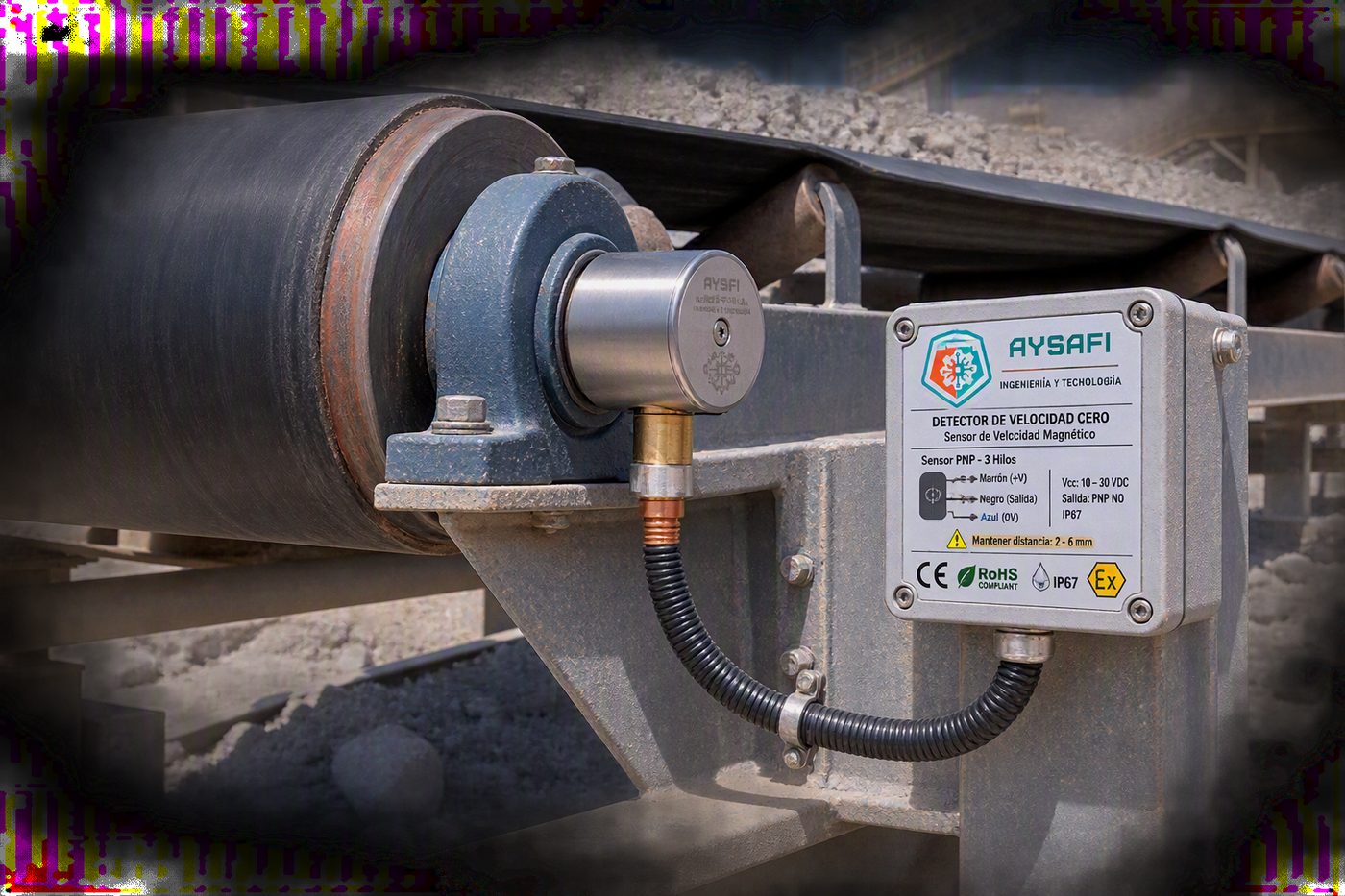 Sensor detector de velocidad cero AYSAFI instalado en una correa transportadora de una planta minera